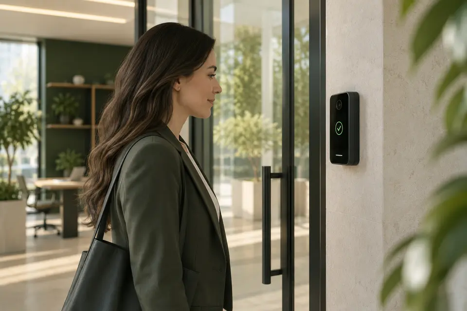 A person presenting credentials at a secure entrance.