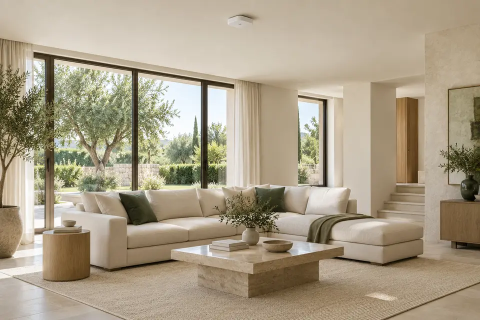 A calm living room with no interior cameras.